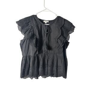 Black Eyelet Ruffle Peplum Blouse